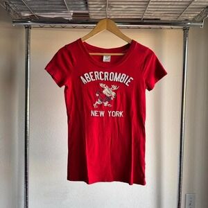 Vintage 2000s Y2K Red Abercrombie & Fitch New York Baby Tee Moose Embroidered
